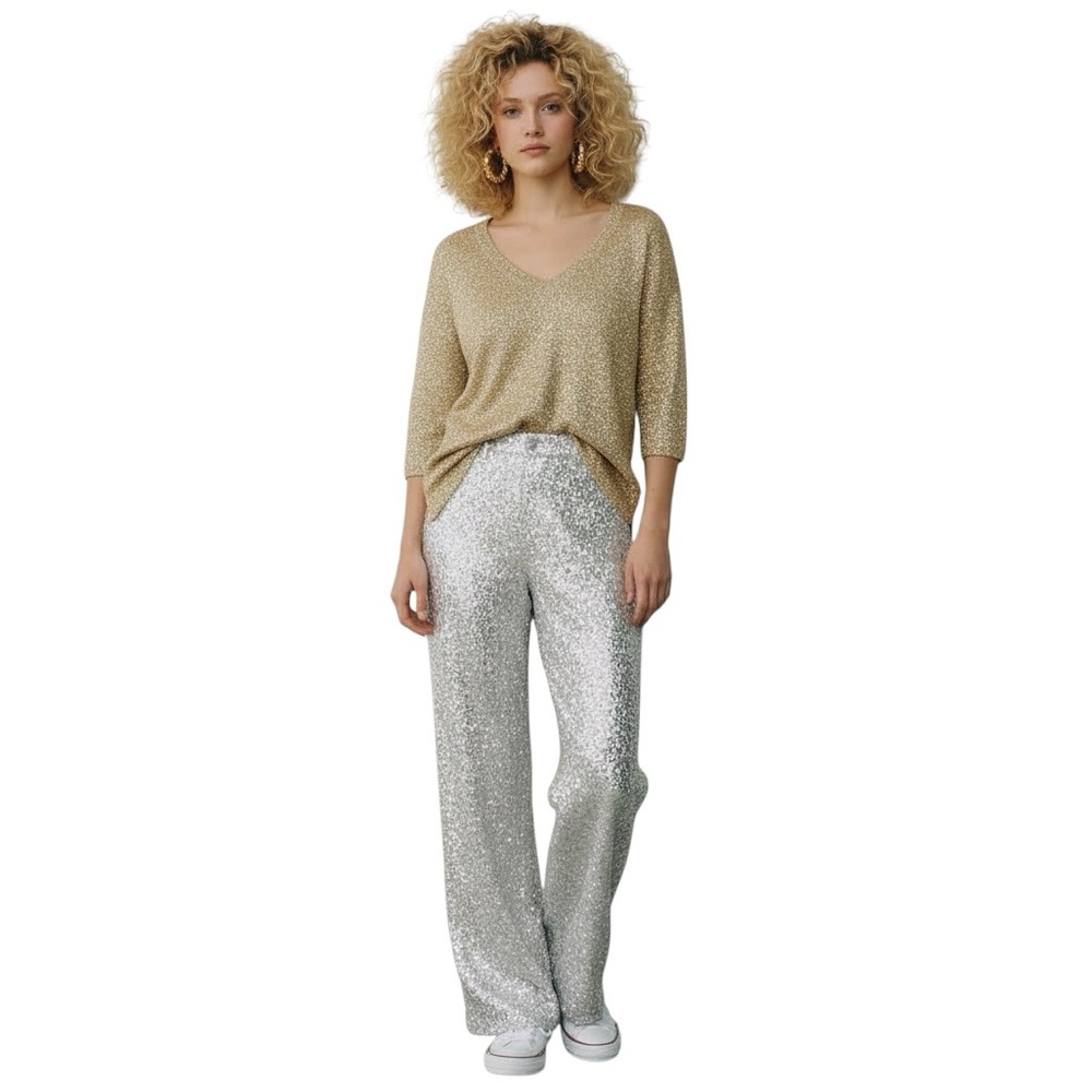 Glitter Light Gold Knit Sweater V- Neck